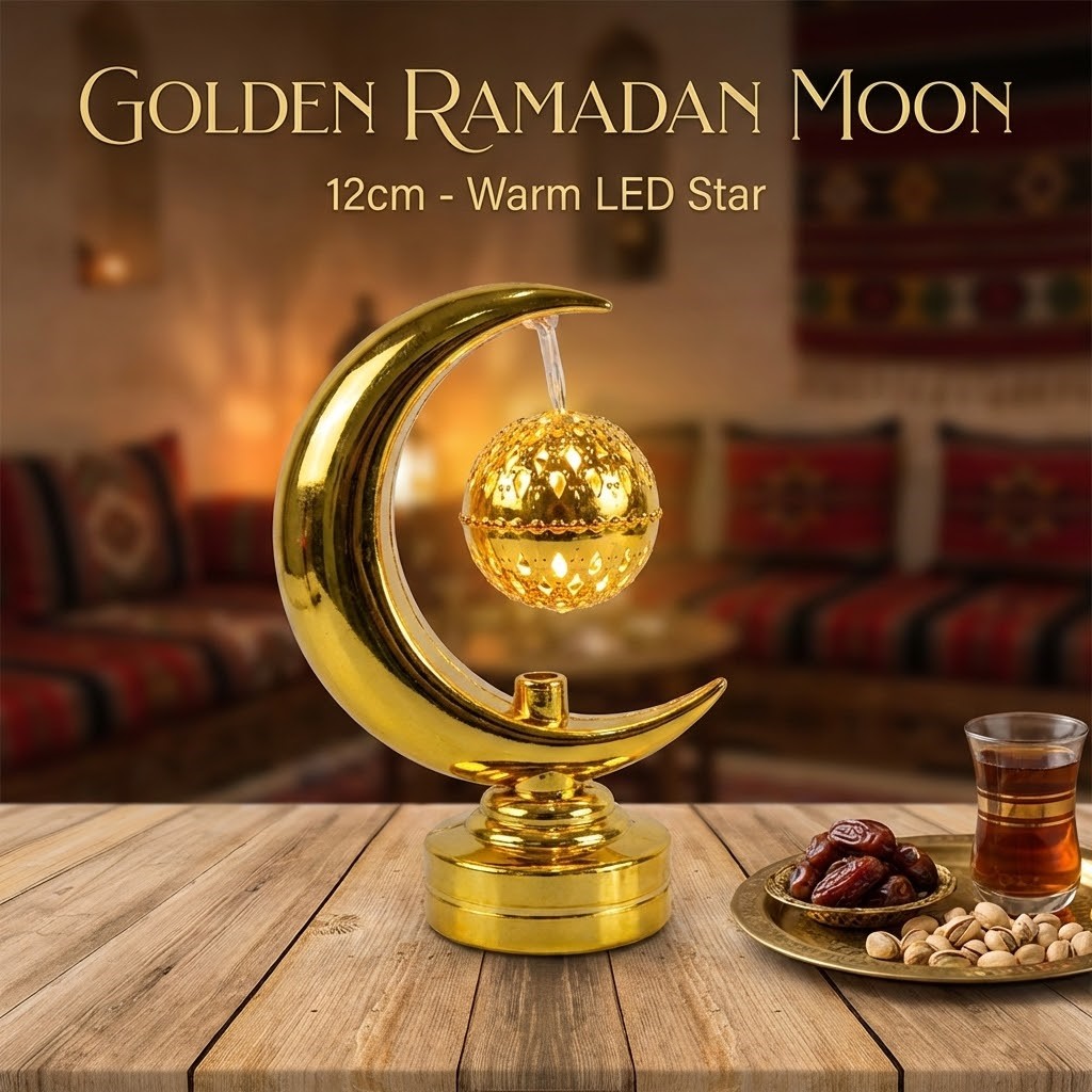 Short Title: 12cm Golden Ramadan Moon هلال رمضان الذهبي 12 سم | Warm LED Star Glow